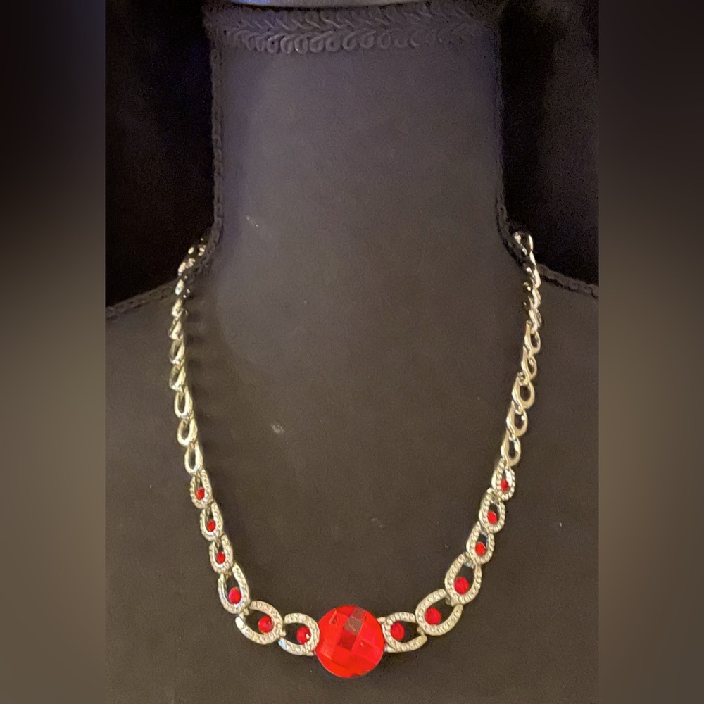 Silver Necklace with Red and Clear Stones